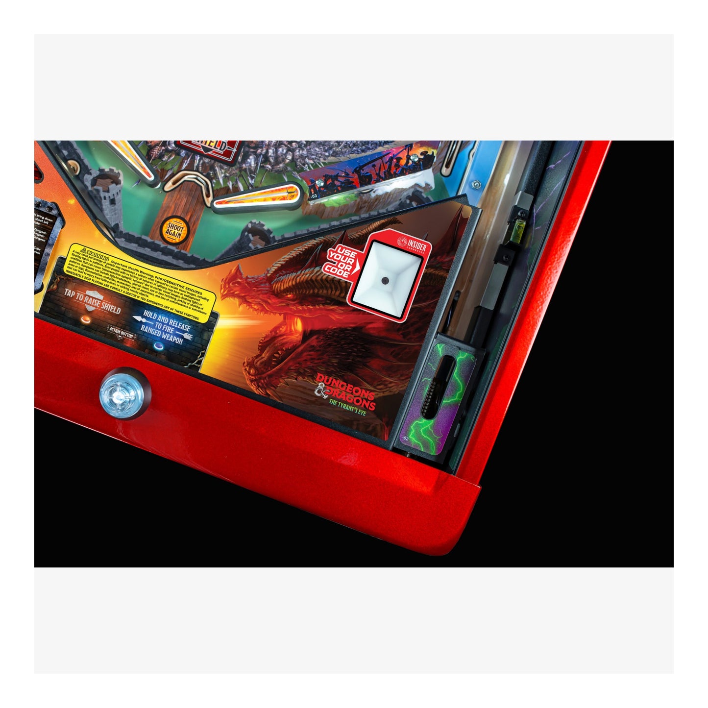 Close-up of a pinball machine with vibrant colors and detailed artwork.