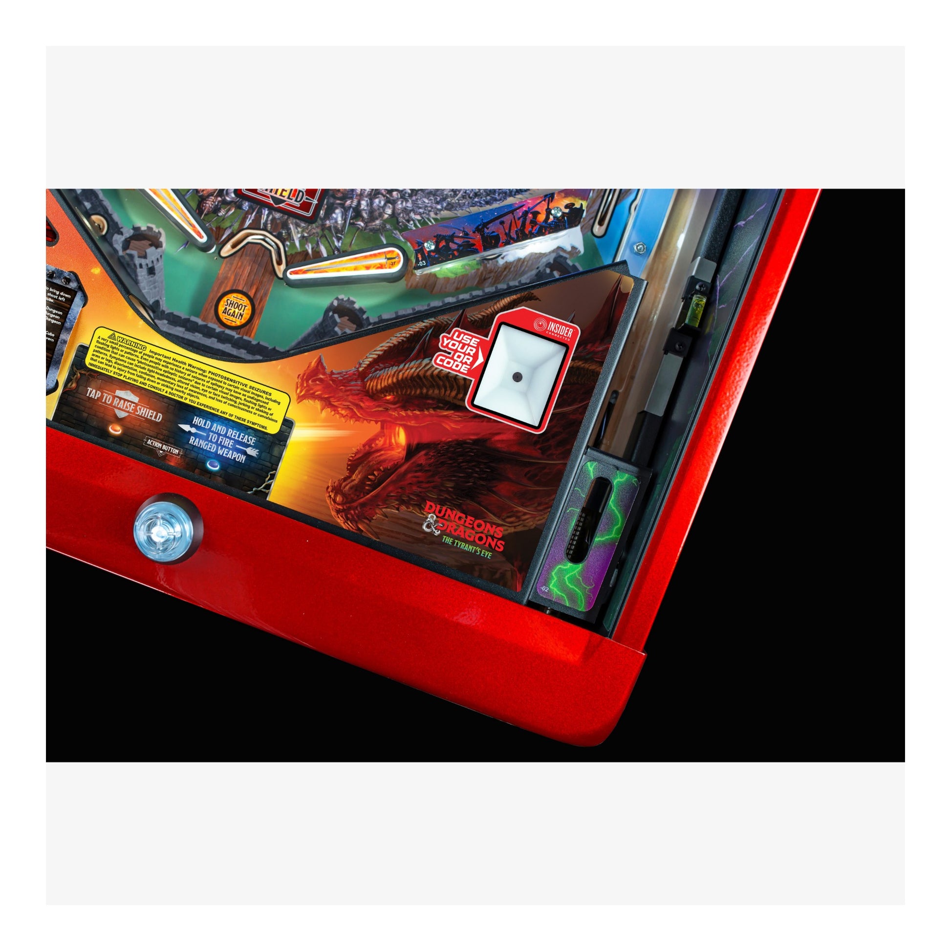 Close-up of a pinball machine with vibrant colors and detailed artwork.