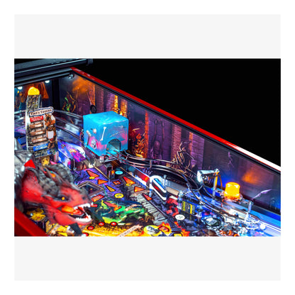 Close-up of a pinball machine with colorful lights and details.