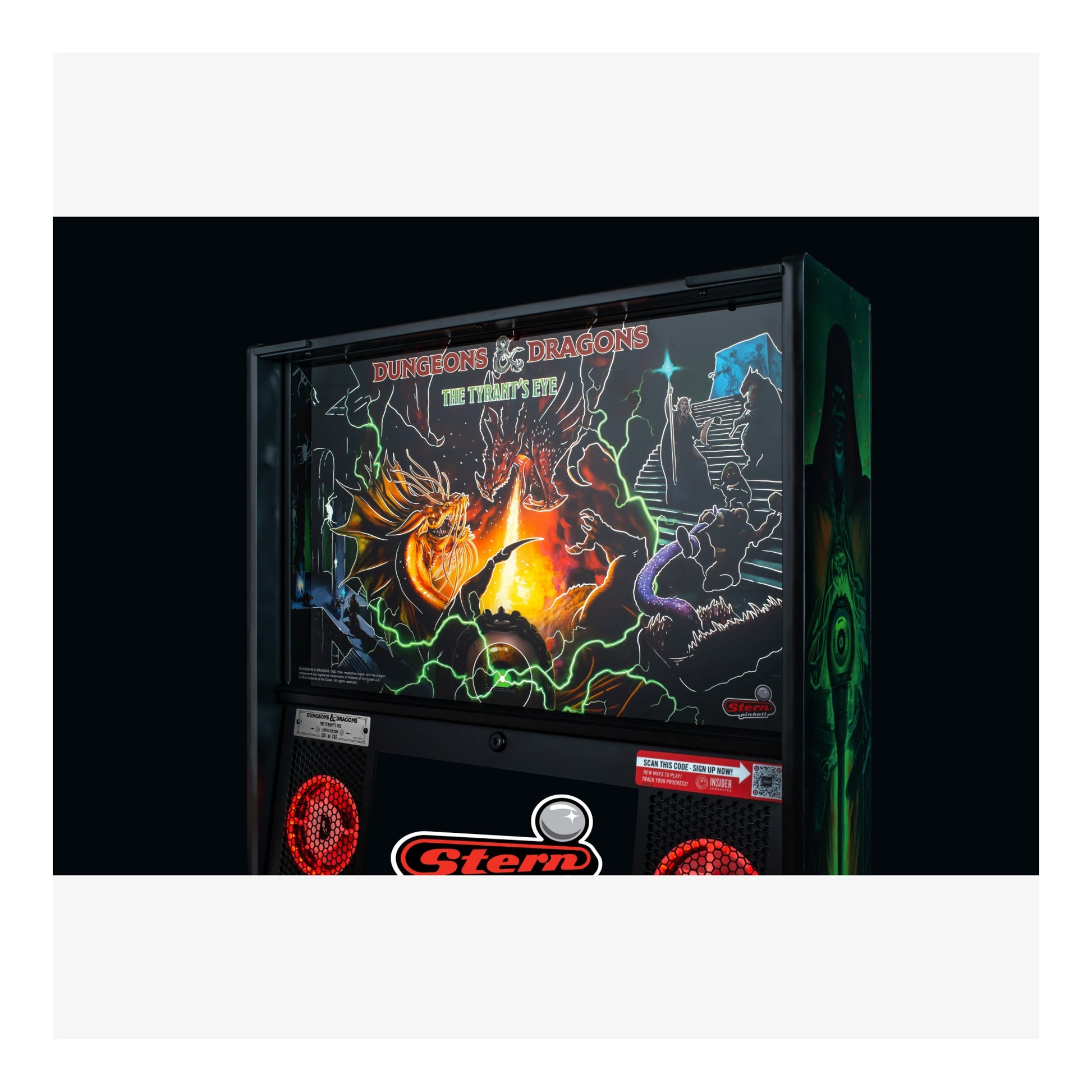 Pinball machine with dragon design and Stern branding on a black background
