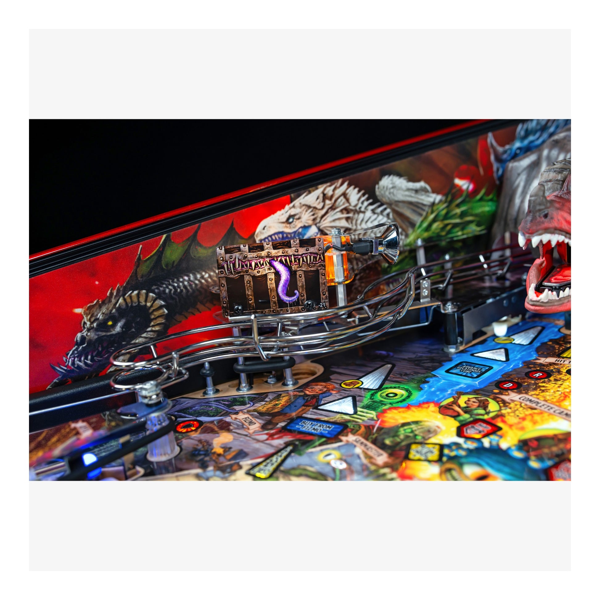 Close-up of a colorful pinball machine with detailed artwork and vibrant colors.