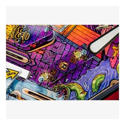 Colorful pinball machine with intricate designs and text on a white background