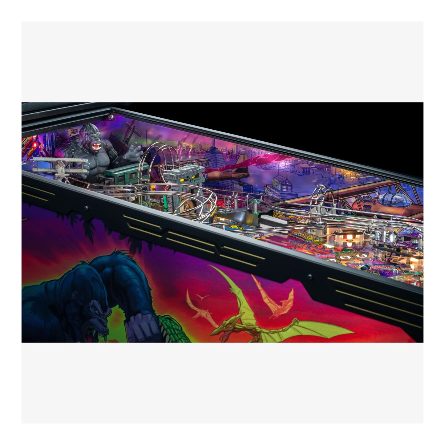 Pinball machine with colorful design and characters on a white background