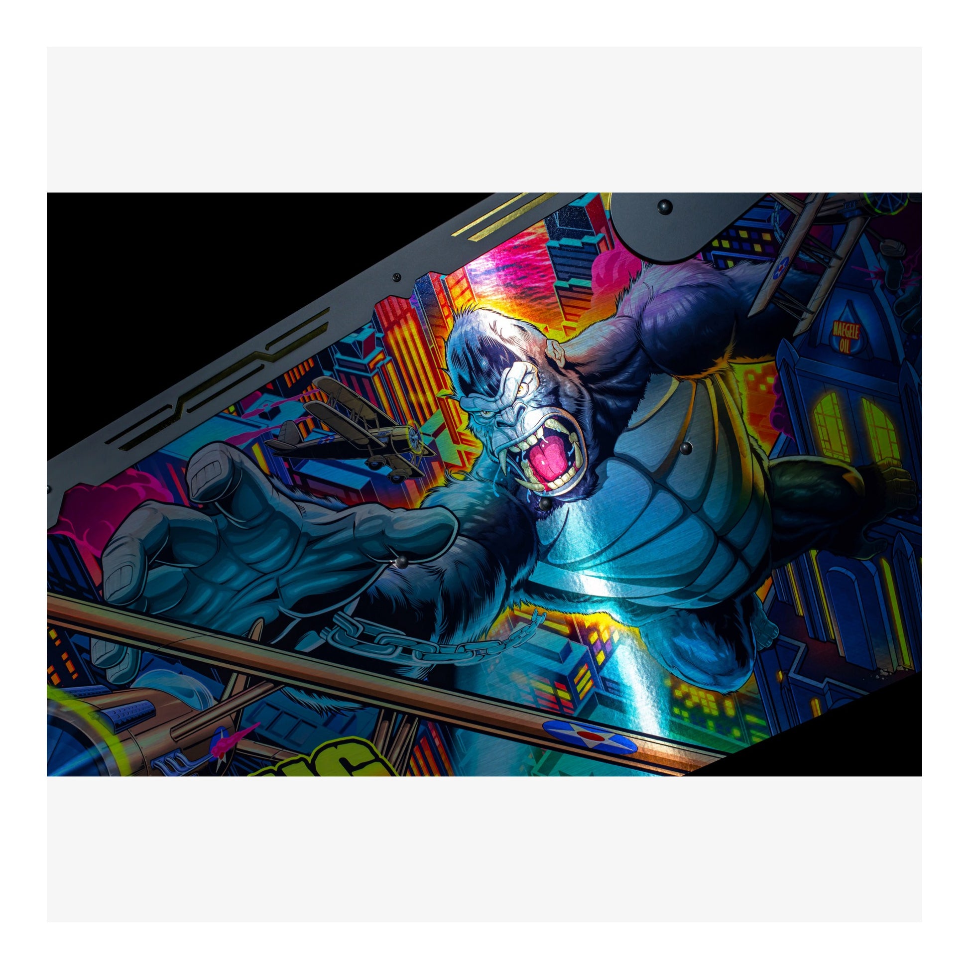 Colorful pinball machine with a shark figure and vibrant background