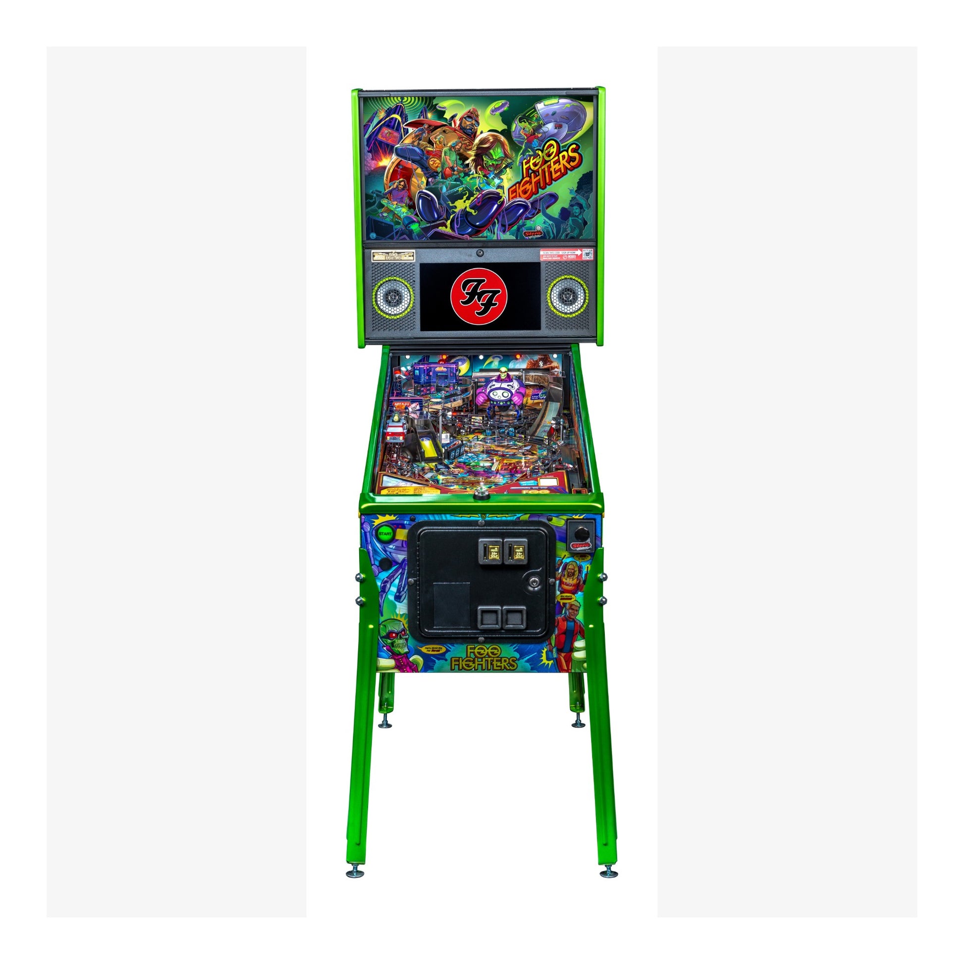 Pinball machine with colorful design on a white background
