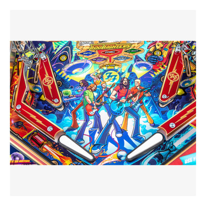 Colorful pinball machine with band-themed artwork on a white background