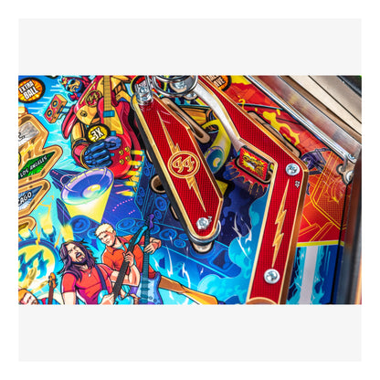Close-up of a colorful pinball machine with detailed artwork and vibrant colors.