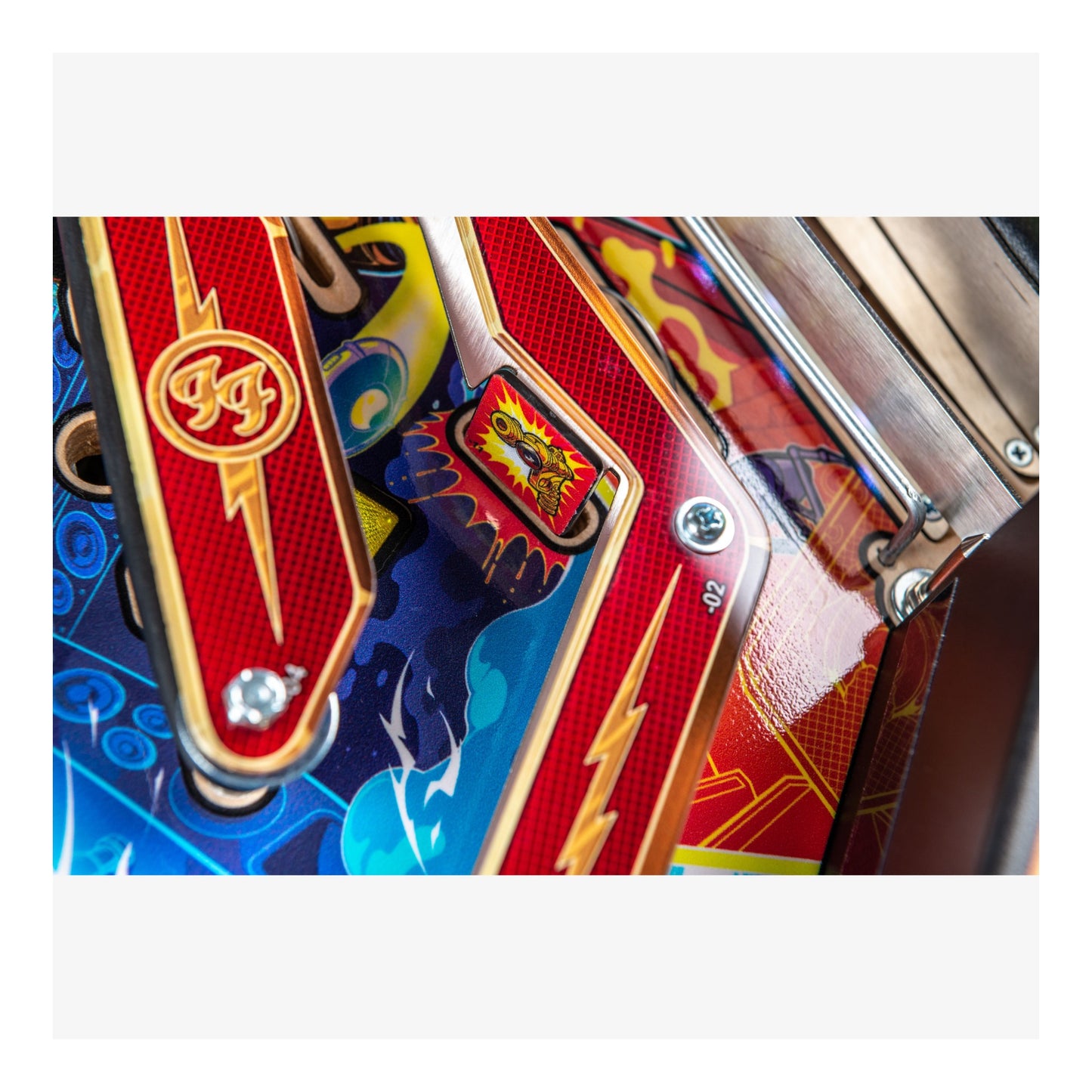 Close-up of a colorful object with a logo on a white background