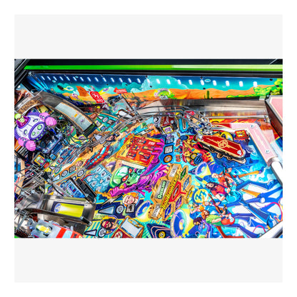 Colorful pinball machine with various symbols and designs on a white background