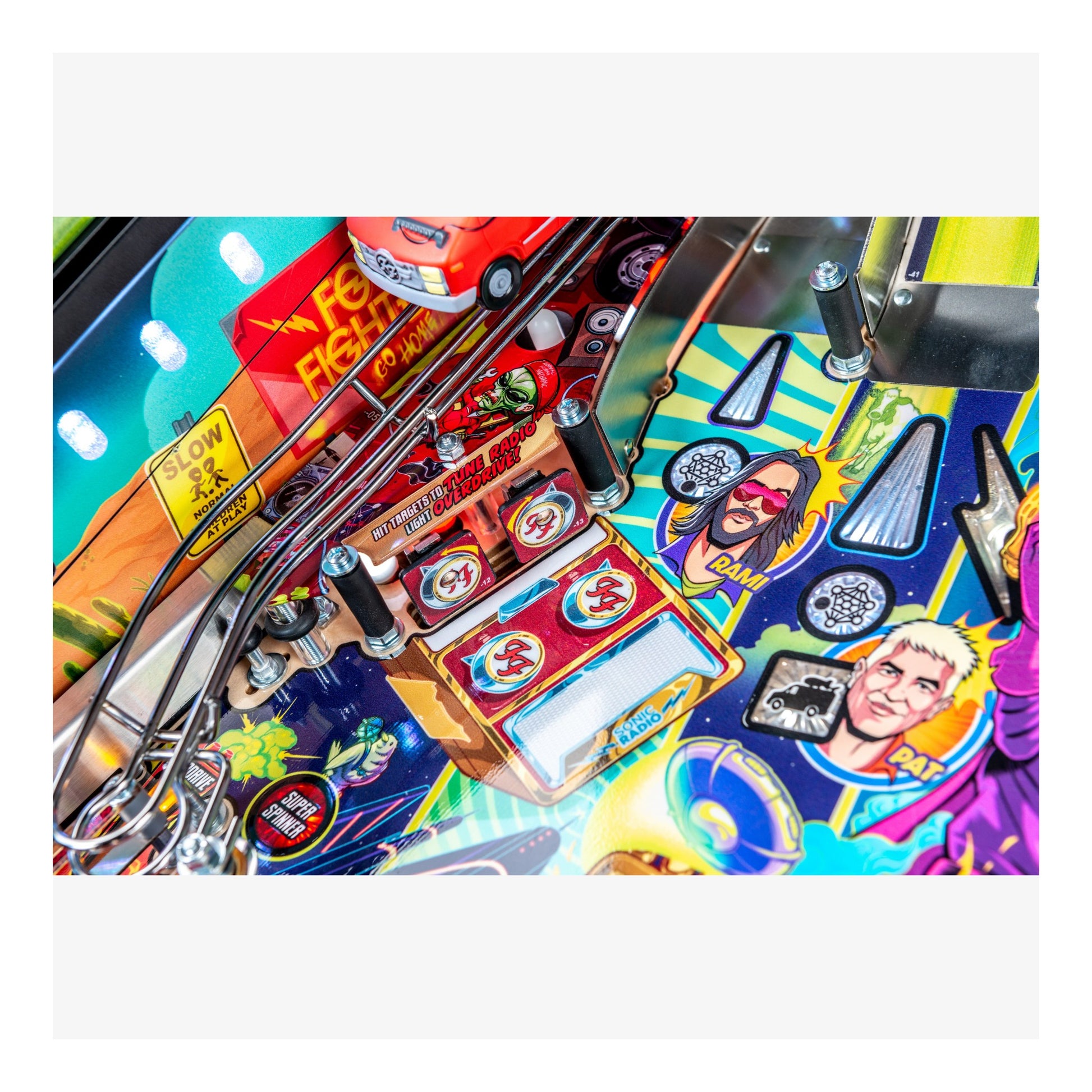 Close-up of a colorful pinball machine with various symbols and graphics.