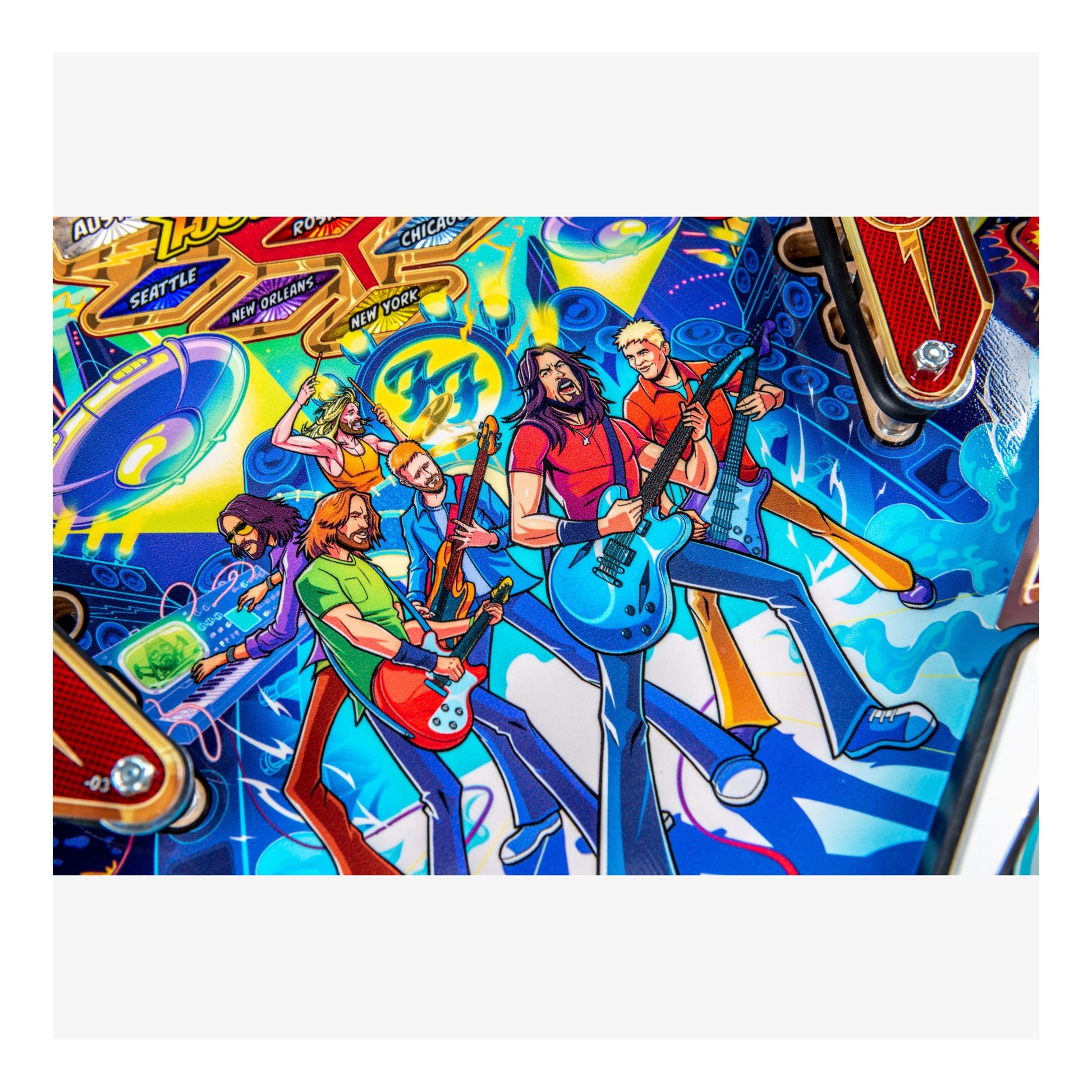 Colorful artwork of a band playing instruments on a vibrant background