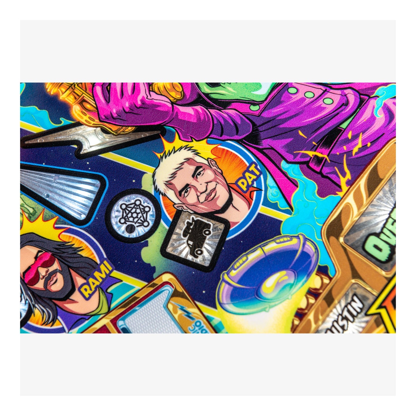 Colorful pinball machine artwork with characters and symbols