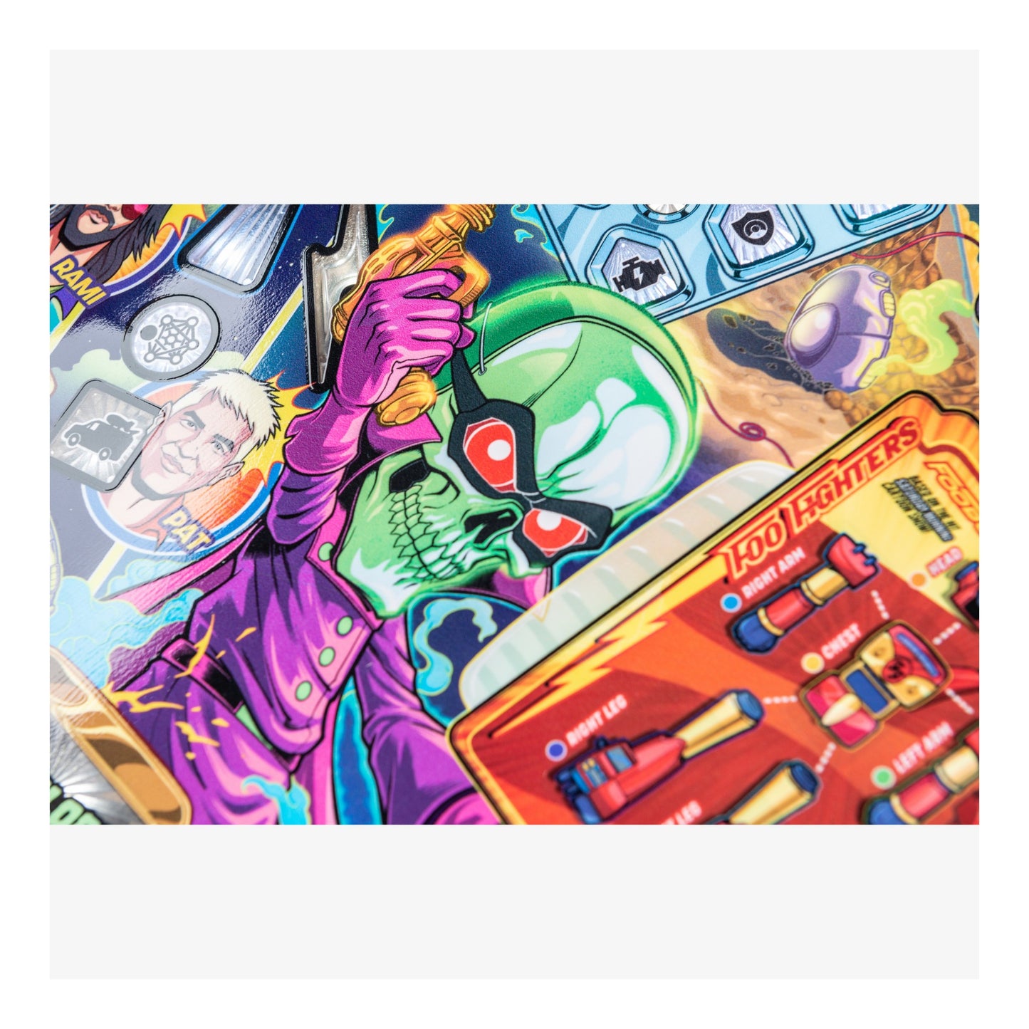 Colorful pinball machine with various elements and characters on a white background