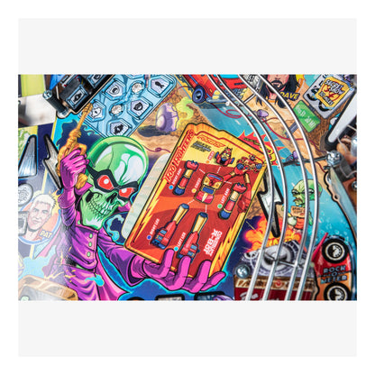 Close-up of a colorful pinball machine with vibrant graphics and a skeleton character.