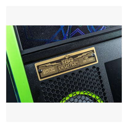 Close-up of a limited edition Foo Fighters amplifier with a gold label.
