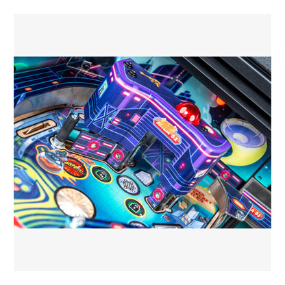 Close-up of a colorful pinball machine with vibrant lights and details.
