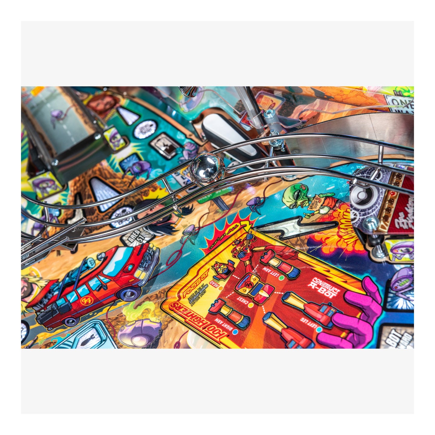 Close-up of a colorful pinball machine with various elements and graphics.