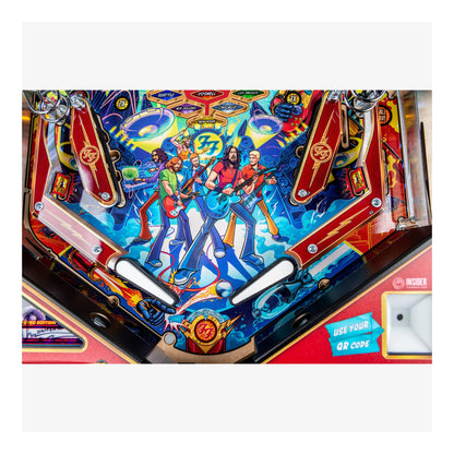 Colorful pinball machine with a band design on the playfield
