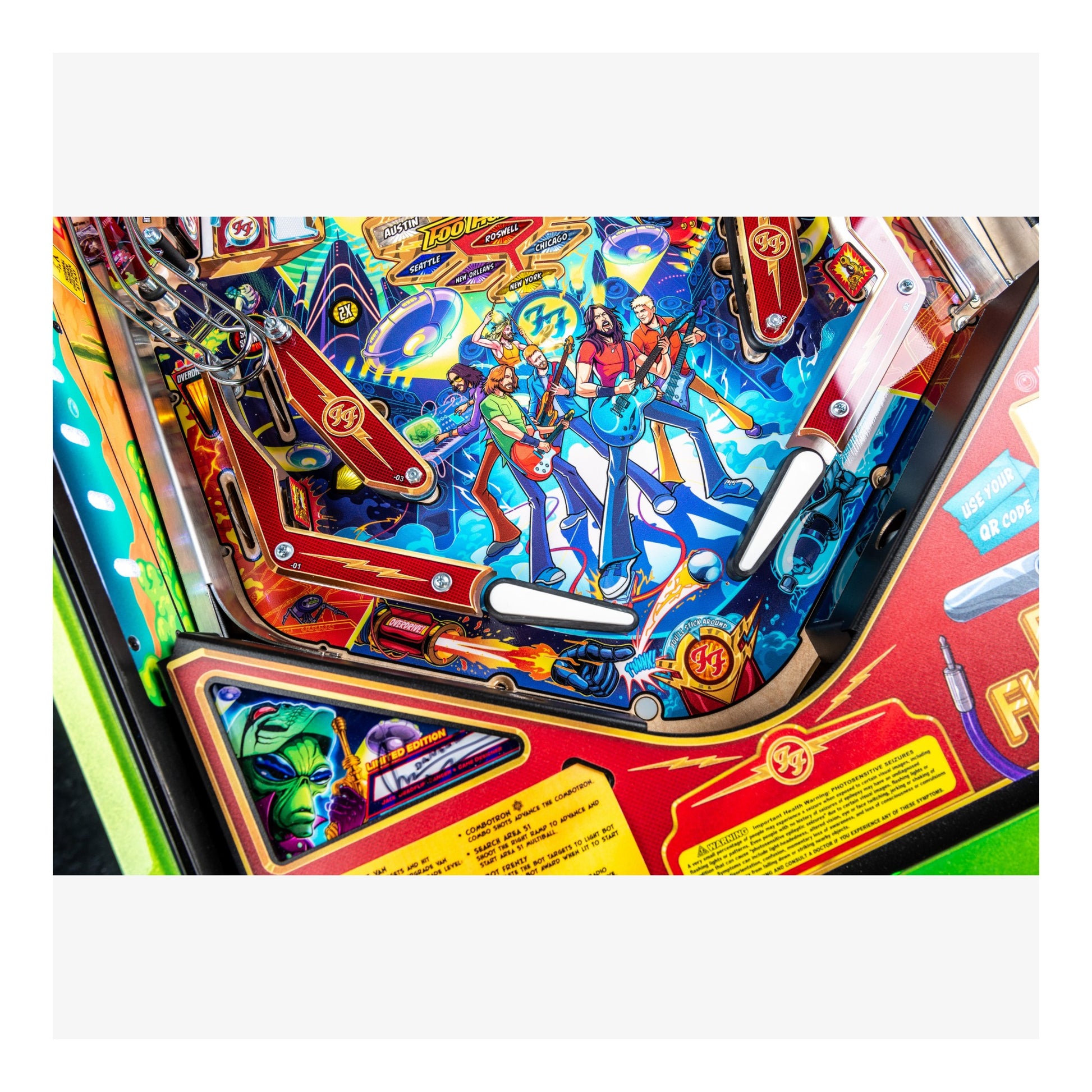 Close-up of a colorful pinball machine with vibrant graphics and characters.