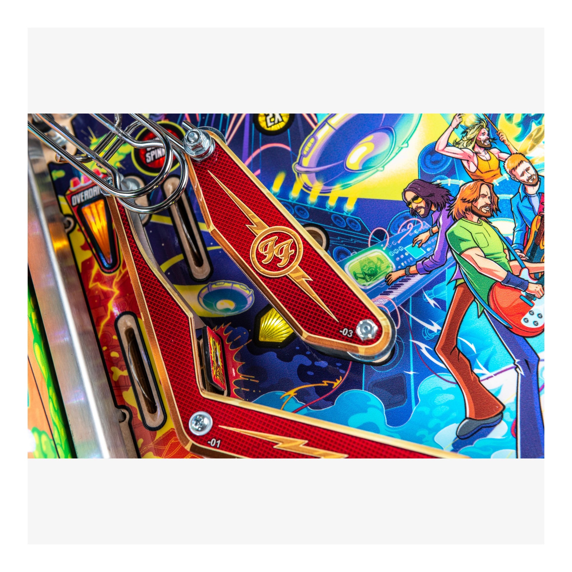 Close-up of a colorful pinball machine with characters and vibrant design.