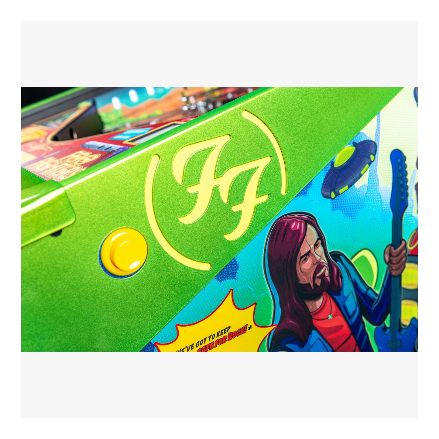 Colorful pinball machine with a character illustration and 'FF' logo.