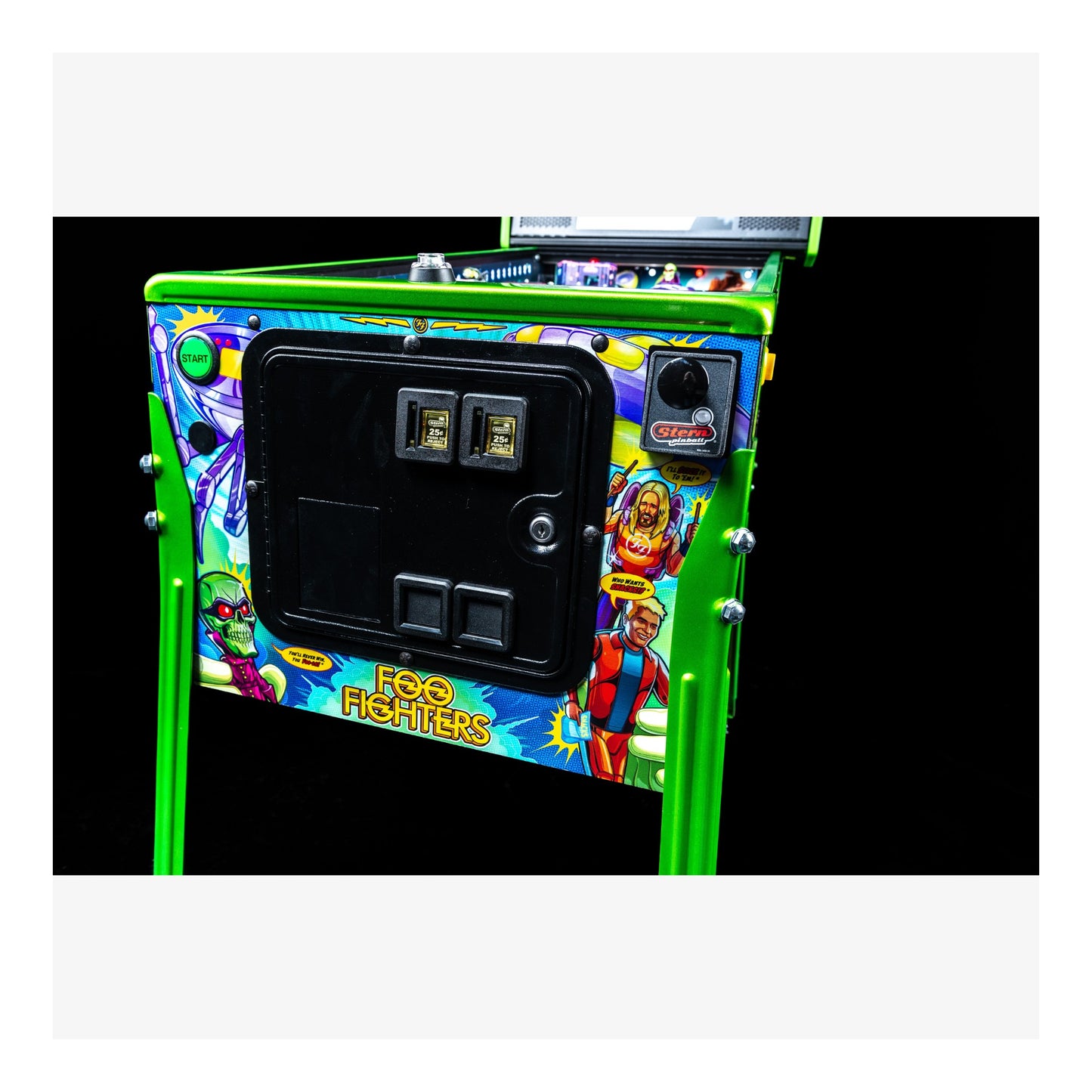 Colorful arcade machine with 'Foo Fighters' branding on a black background