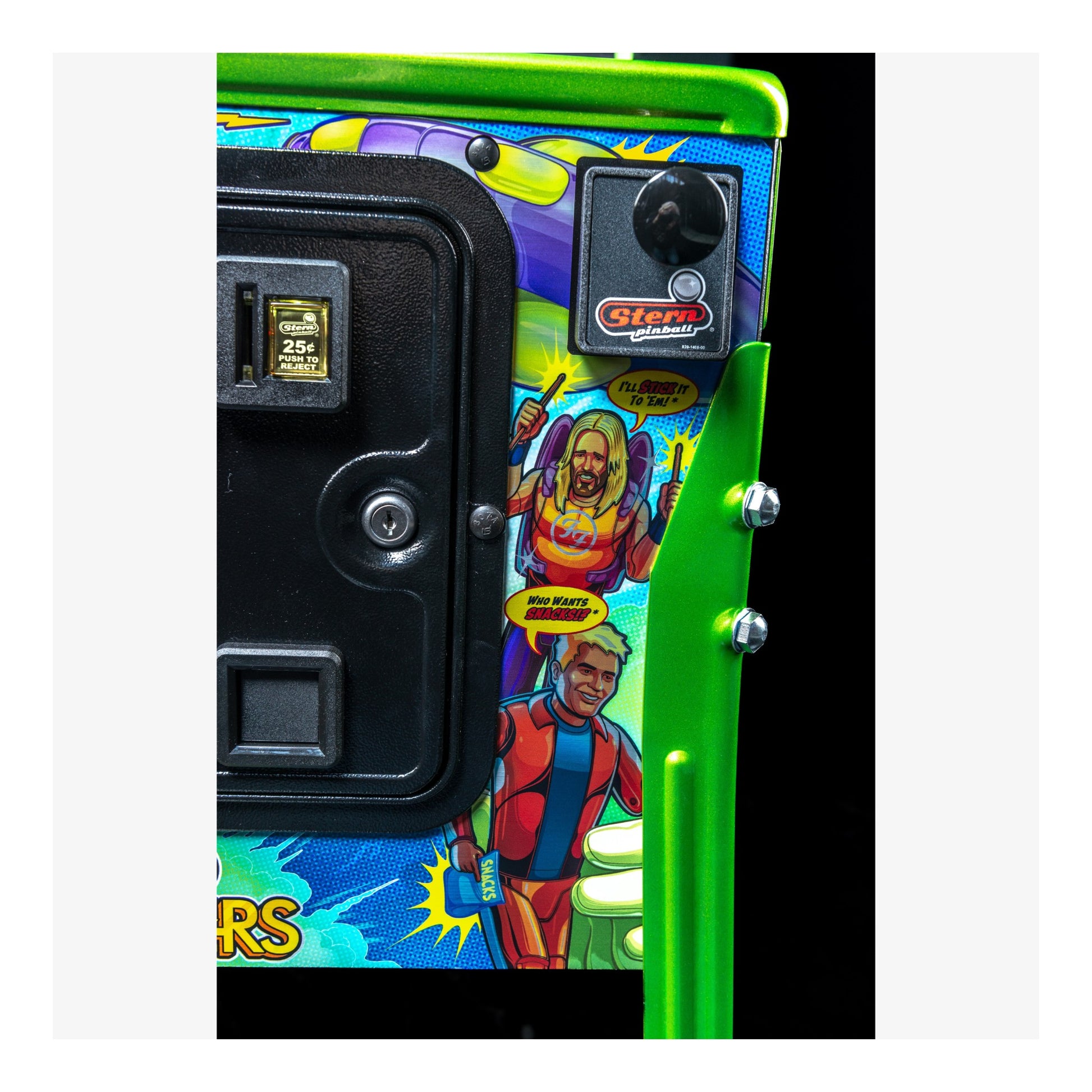 Colorful arcade machine panel with joystick and buttons, featuring a character illustration.