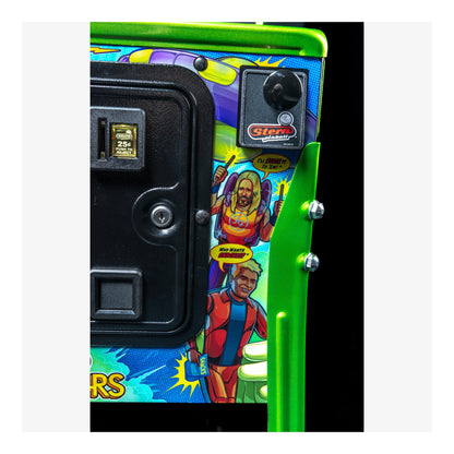 Colorful arcade machine panel with joystick and buttons, featuring a character illustration.