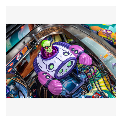 Colorful pinball machine with a robot figure and alien head
