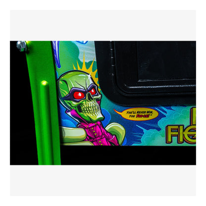 Colorful graphic with a green alien character on a product packaging.