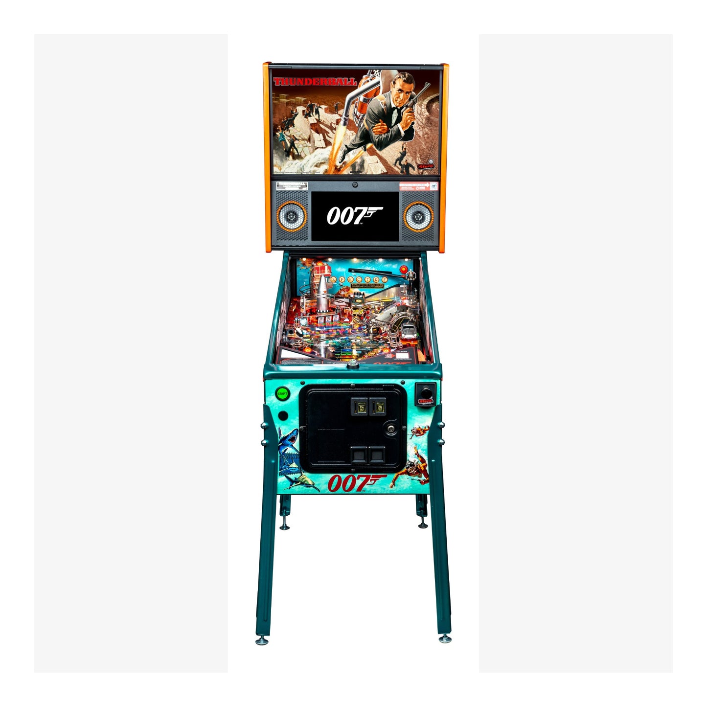 Pinball machine themed after James Bond with '007' branding on a white background