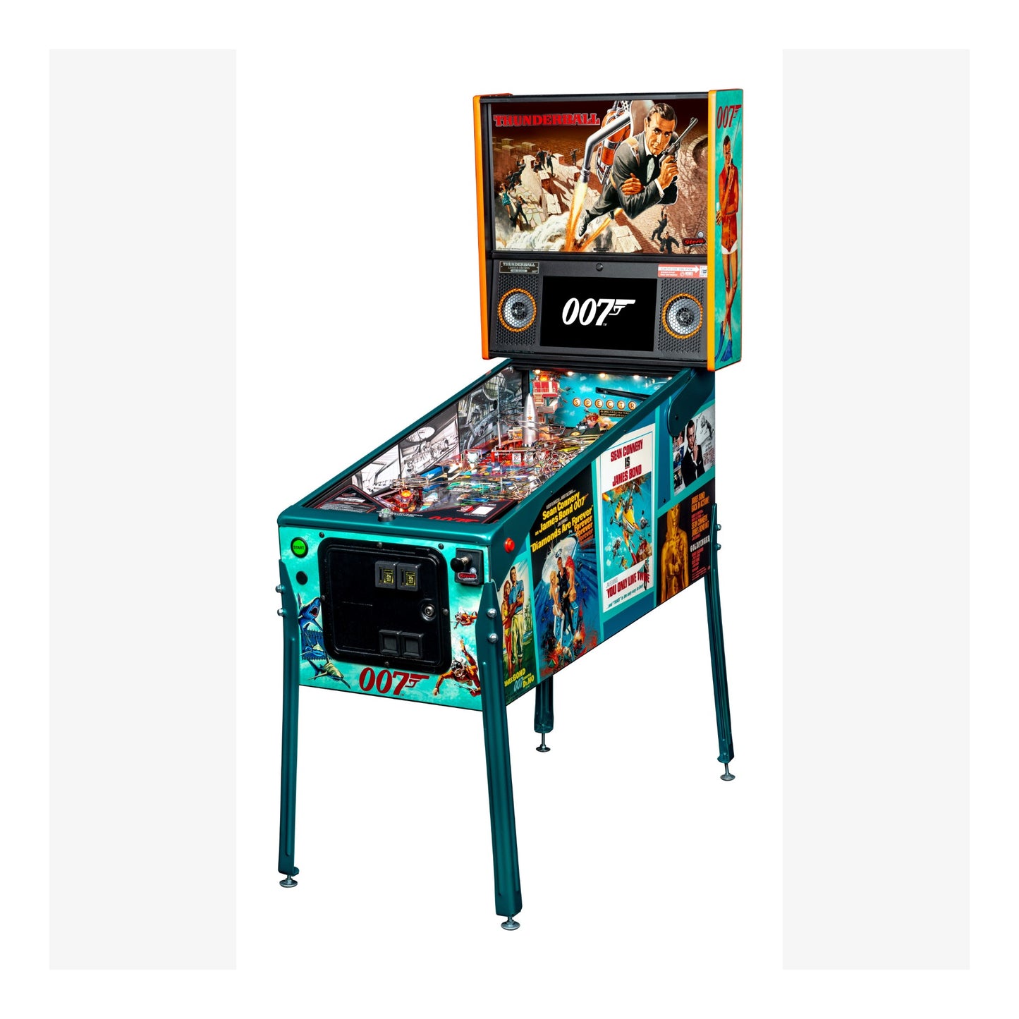 Pinball machine themed after James Bond with colorful design and '007' branding.