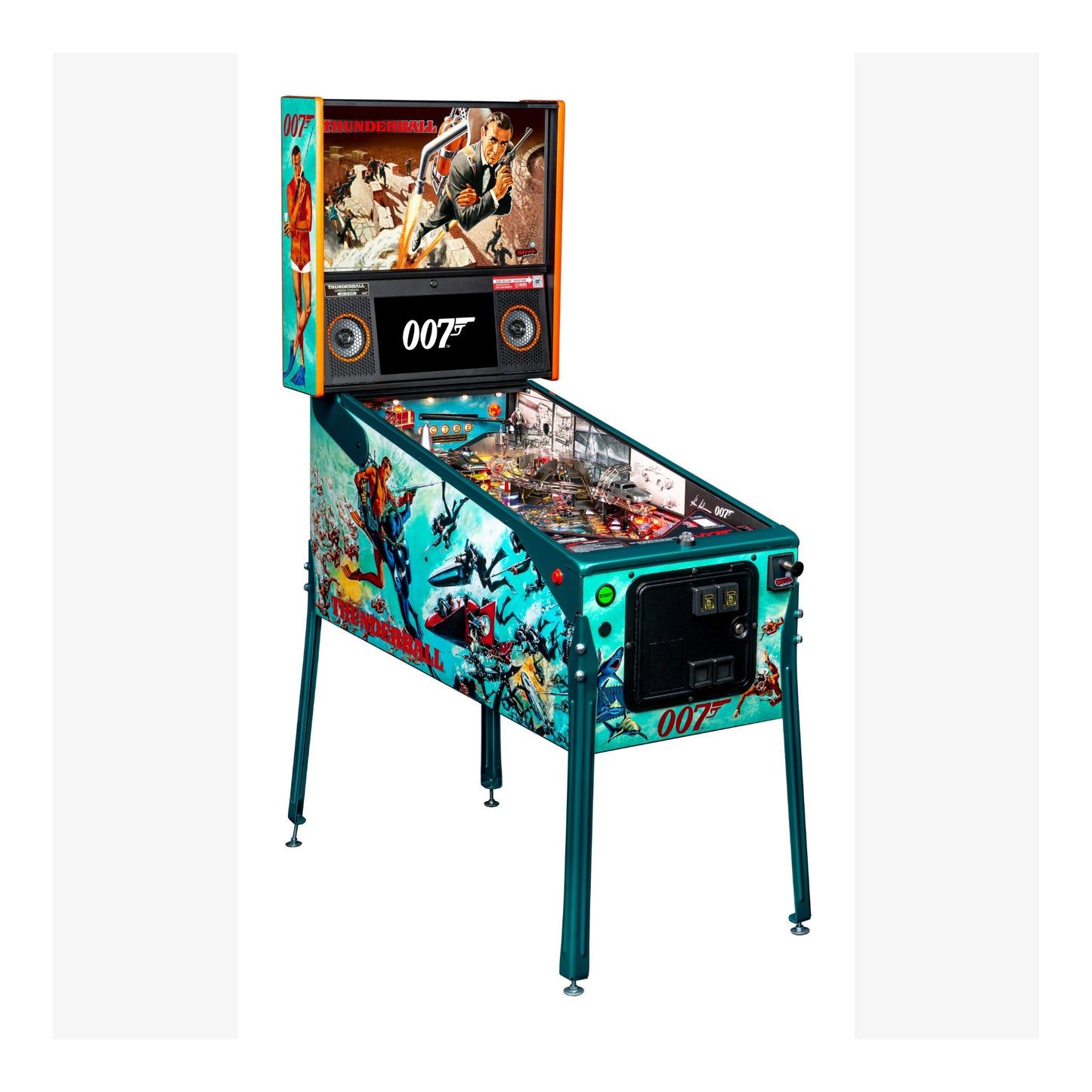 Pinball machine themed after James Bond with colorful design and screen displaying '007'.