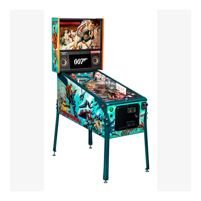 Pinball machine themed after James Bond with colorful design and screen displaying '007'.