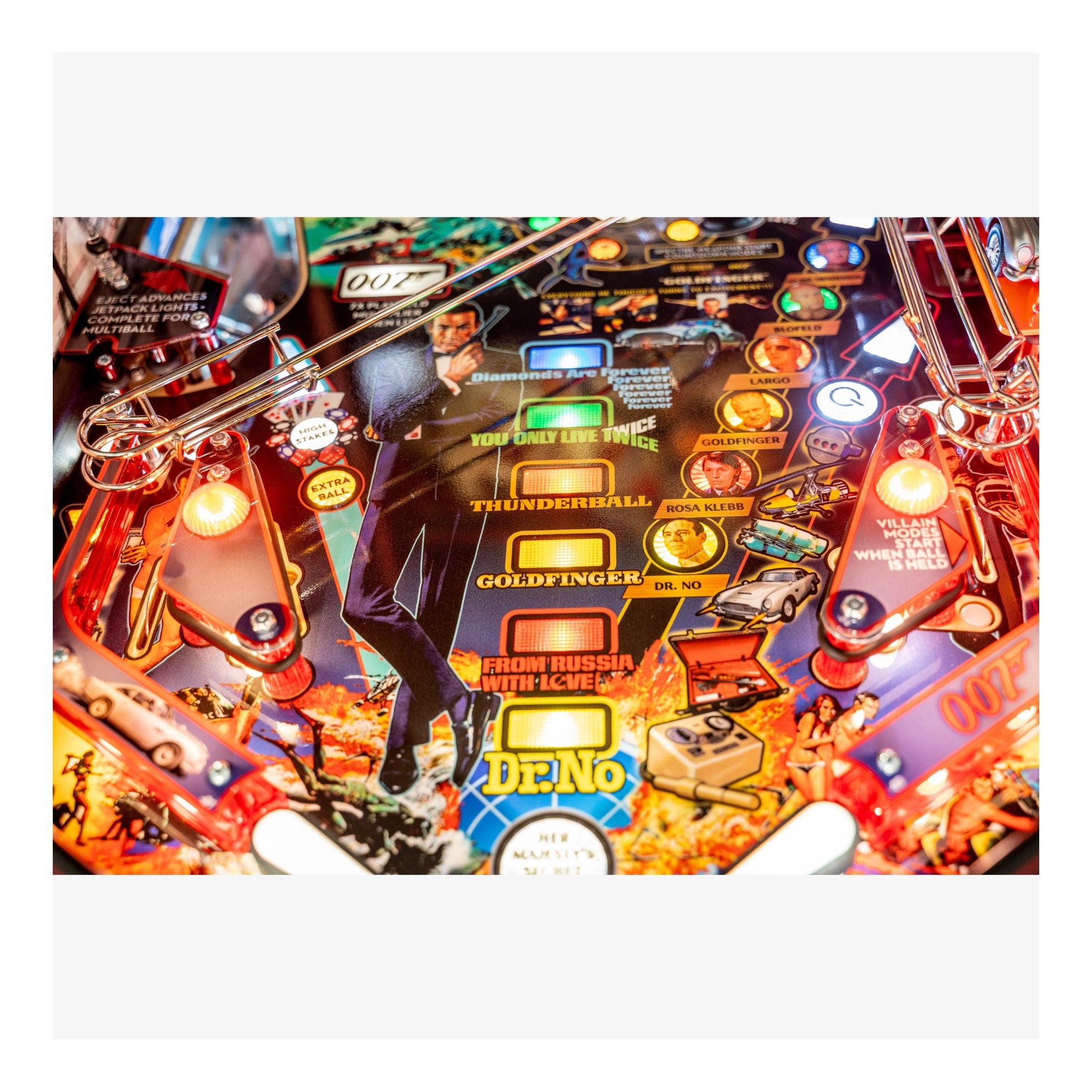 Close-up of a pinball machine with colorful lights and characters, featuring a character in a suit and tie.