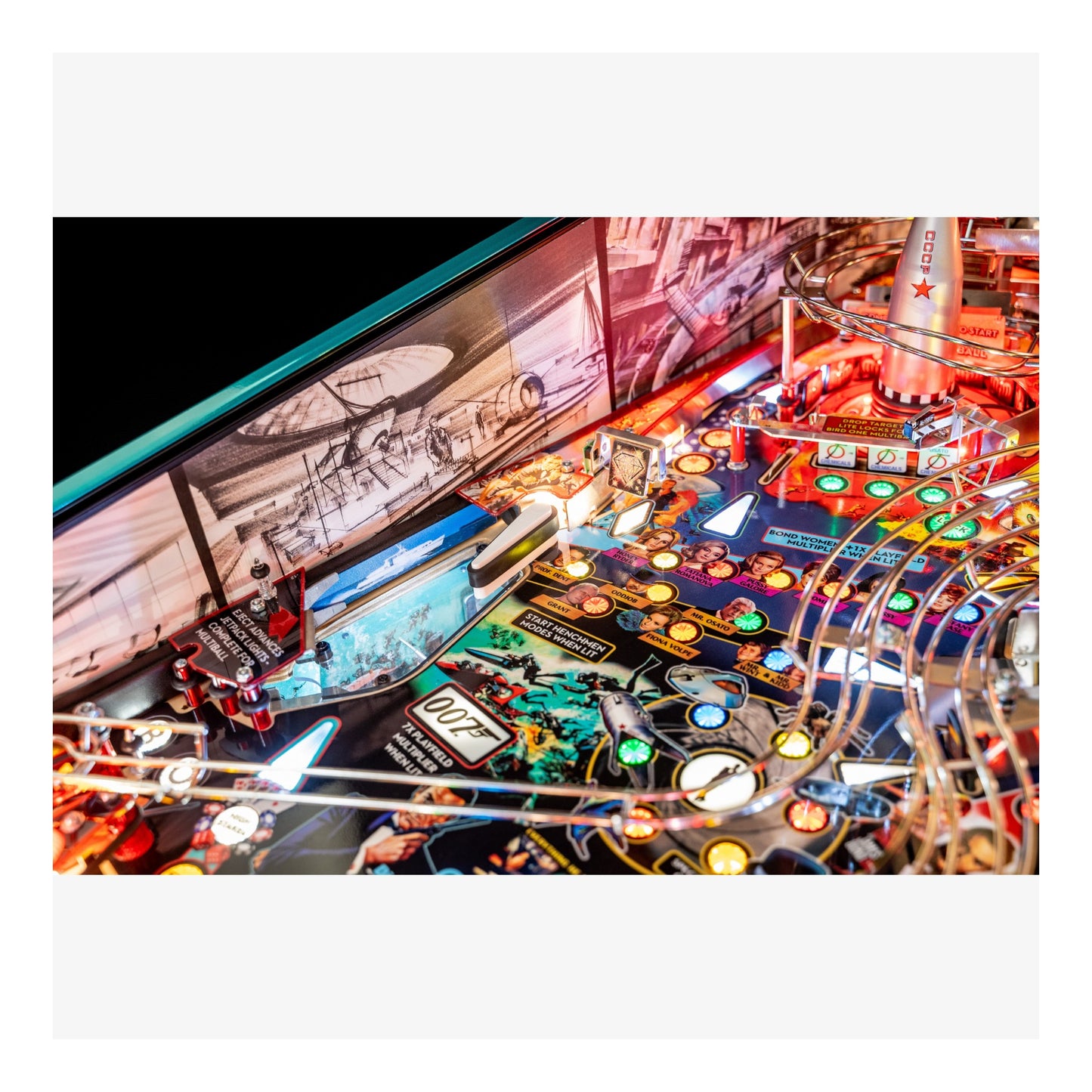 Close-up of a colorful pinball machine with various lights and details.