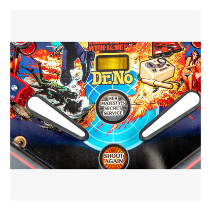 Close-up of a pinball machine with 'Dr. No' and 'Her Majesty's Secret Service' branding.