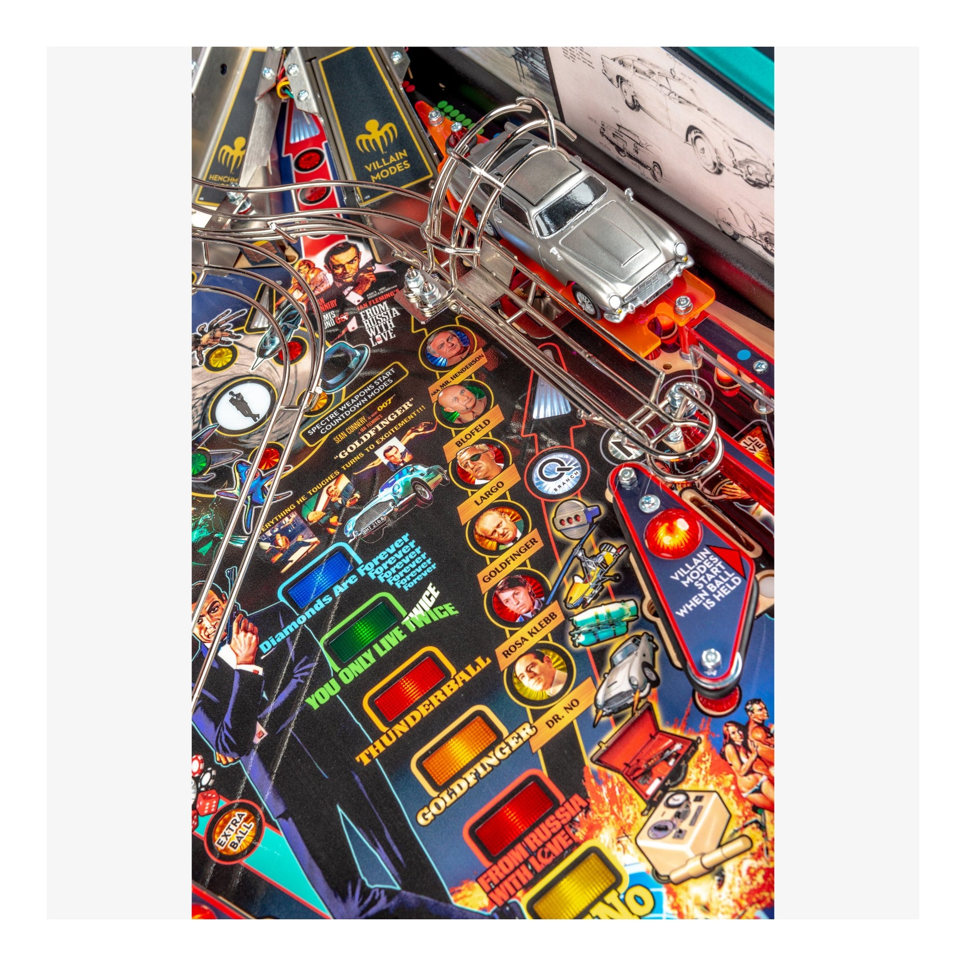 Close-up of a colorful pinball machine with various symbols and characters on a white background