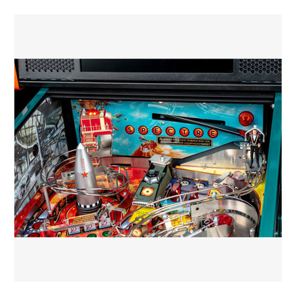 Close-up of a pinball machine with colorful design and 'Dexter' branding.