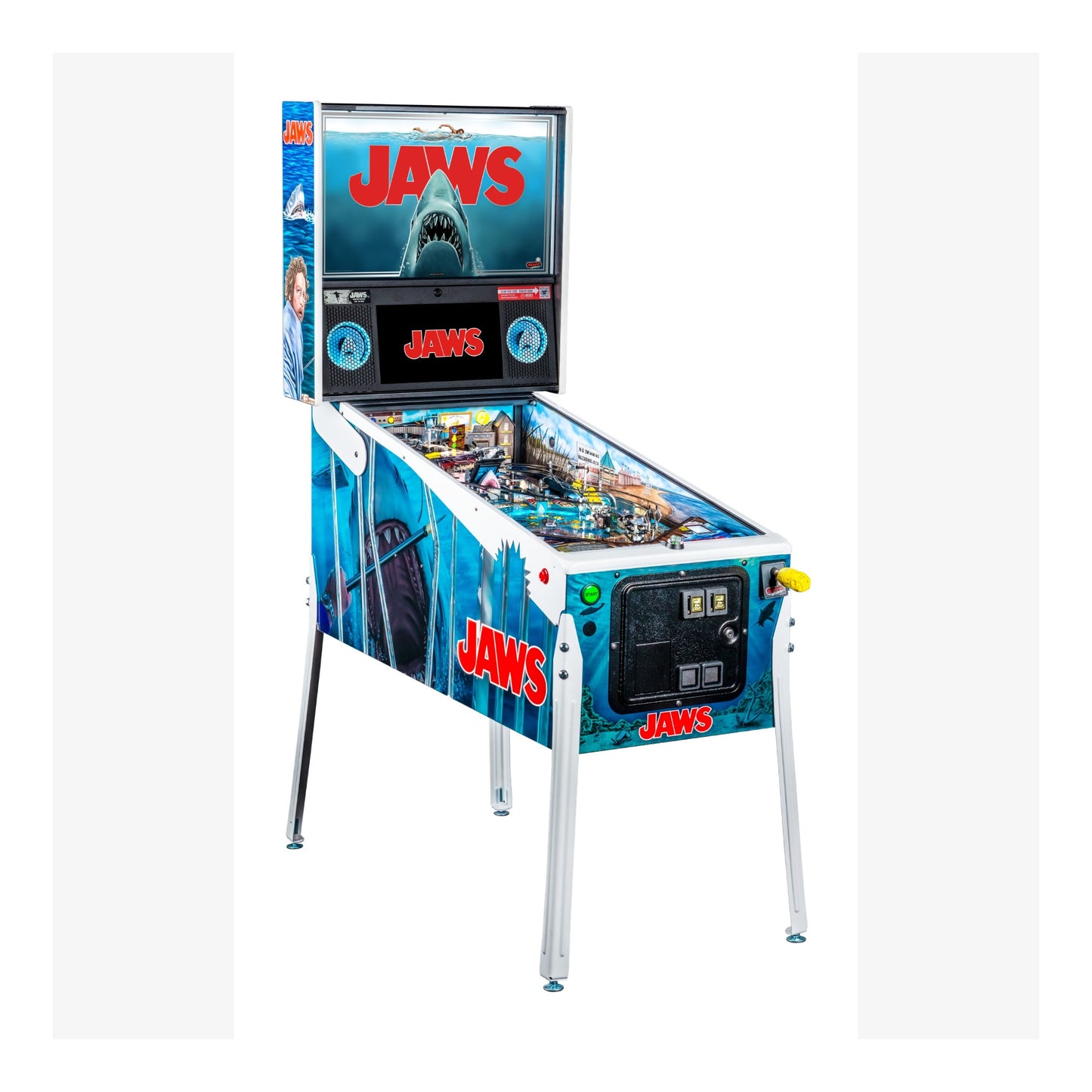 Pinball machine themed after the movie 'Jaws' on a white background