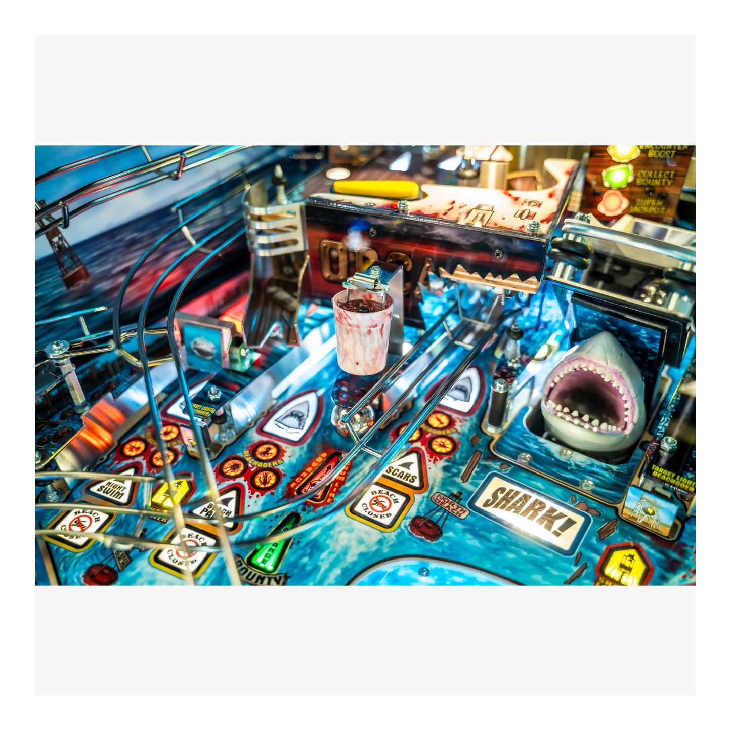 Close-up of a pinball machine with shark-themed design