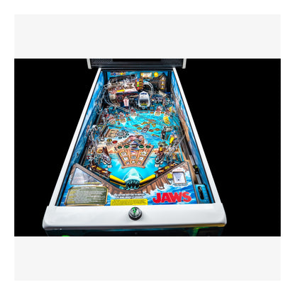 Pinball machine with 'Jaws' theme on a white background