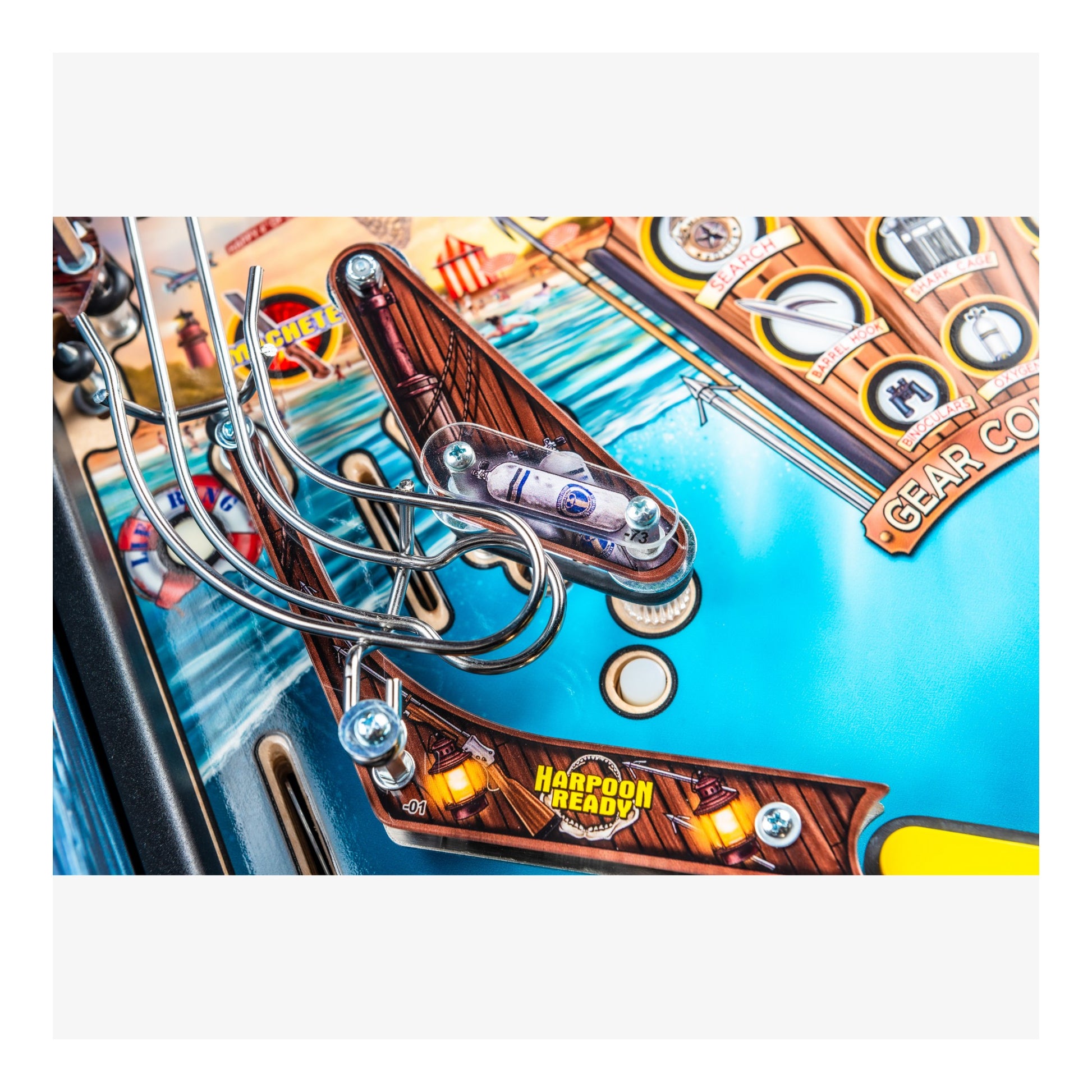 Close-up of a pinball machine with detailed artwork and text.