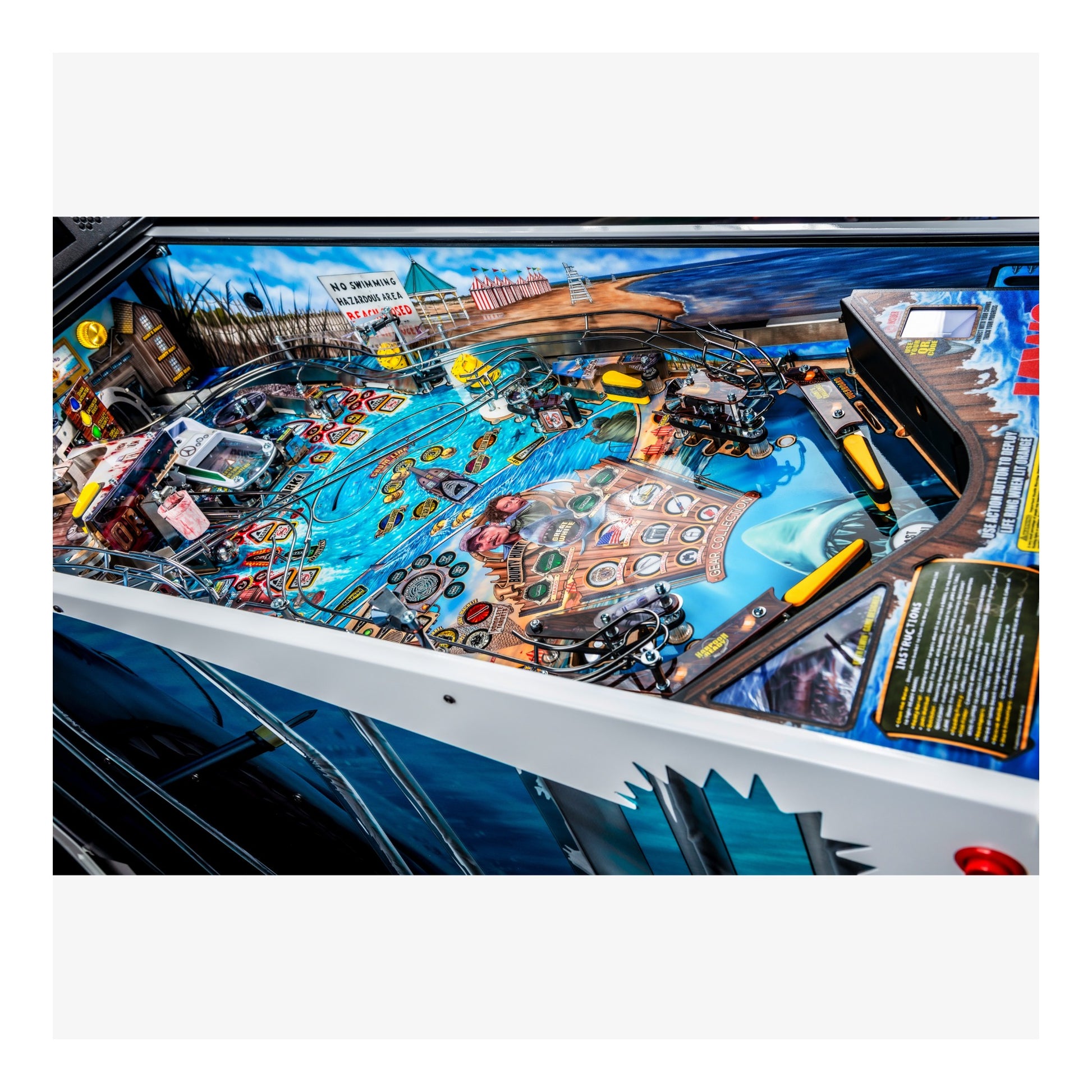Close-up of a colorful pinball machine playing field