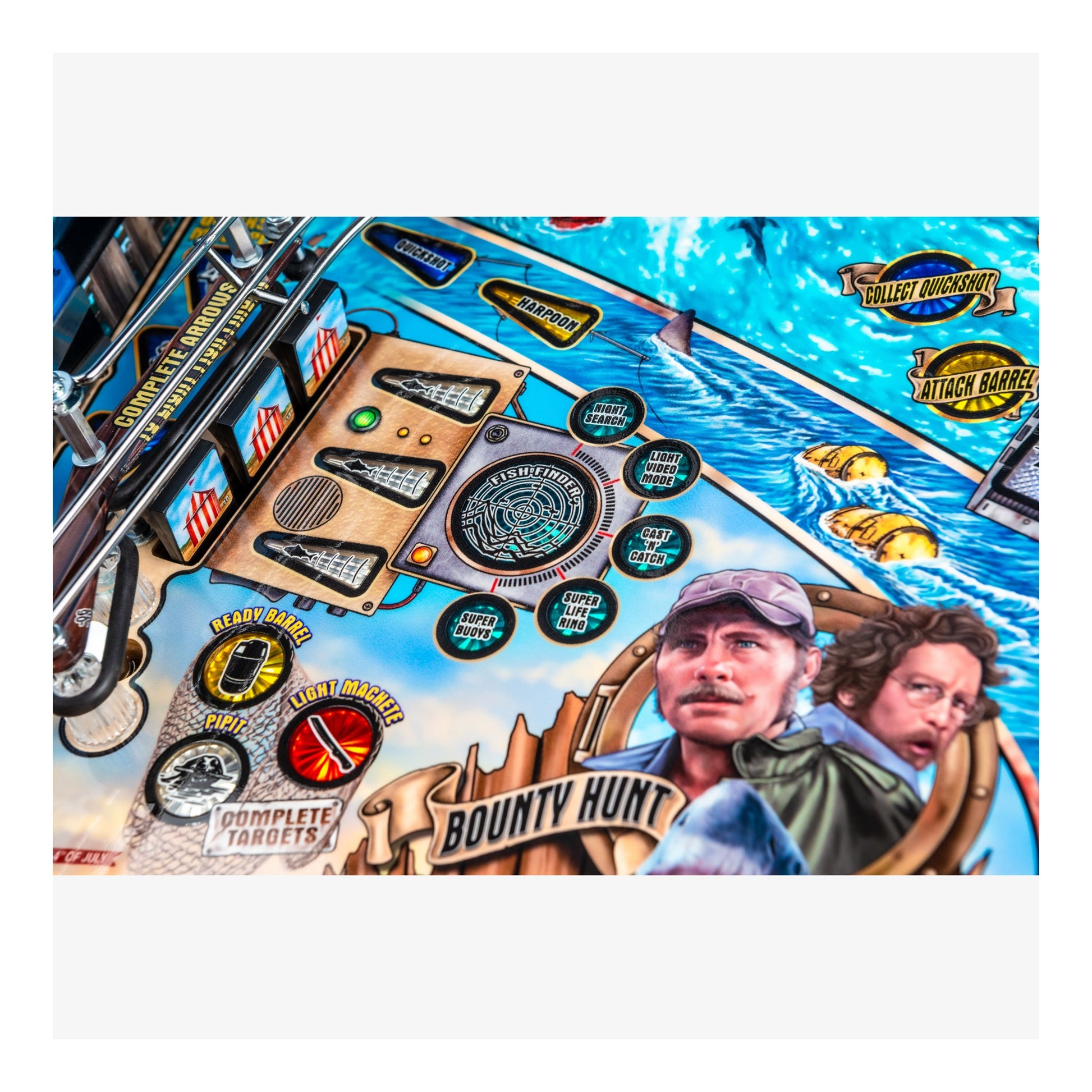 Pinball machine with 'Bounty Hunt' theme featuring two characters and various game elements.