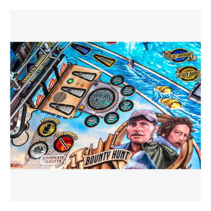 Pinball machine with 'Bounty Hunt' theme featuring two characters and various game elements.