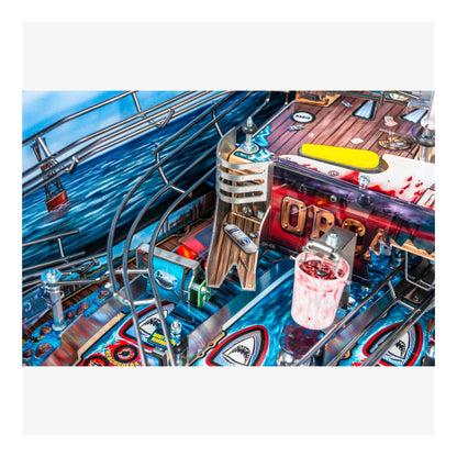 Close-up of a pinball machine with vibrant colors and detailed design.