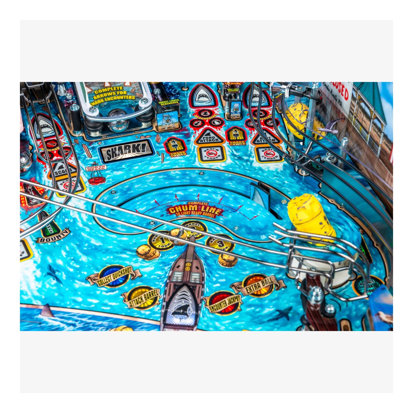Close-up of a pinball machine with shark-themed design