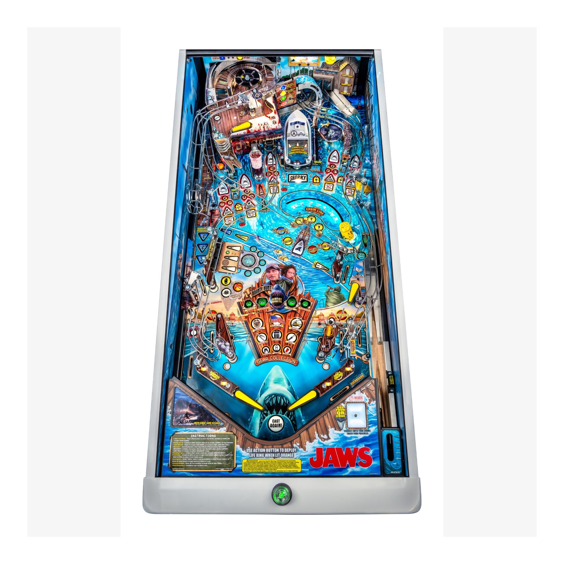 Pinball machine with 'Jaws' theme on a white background