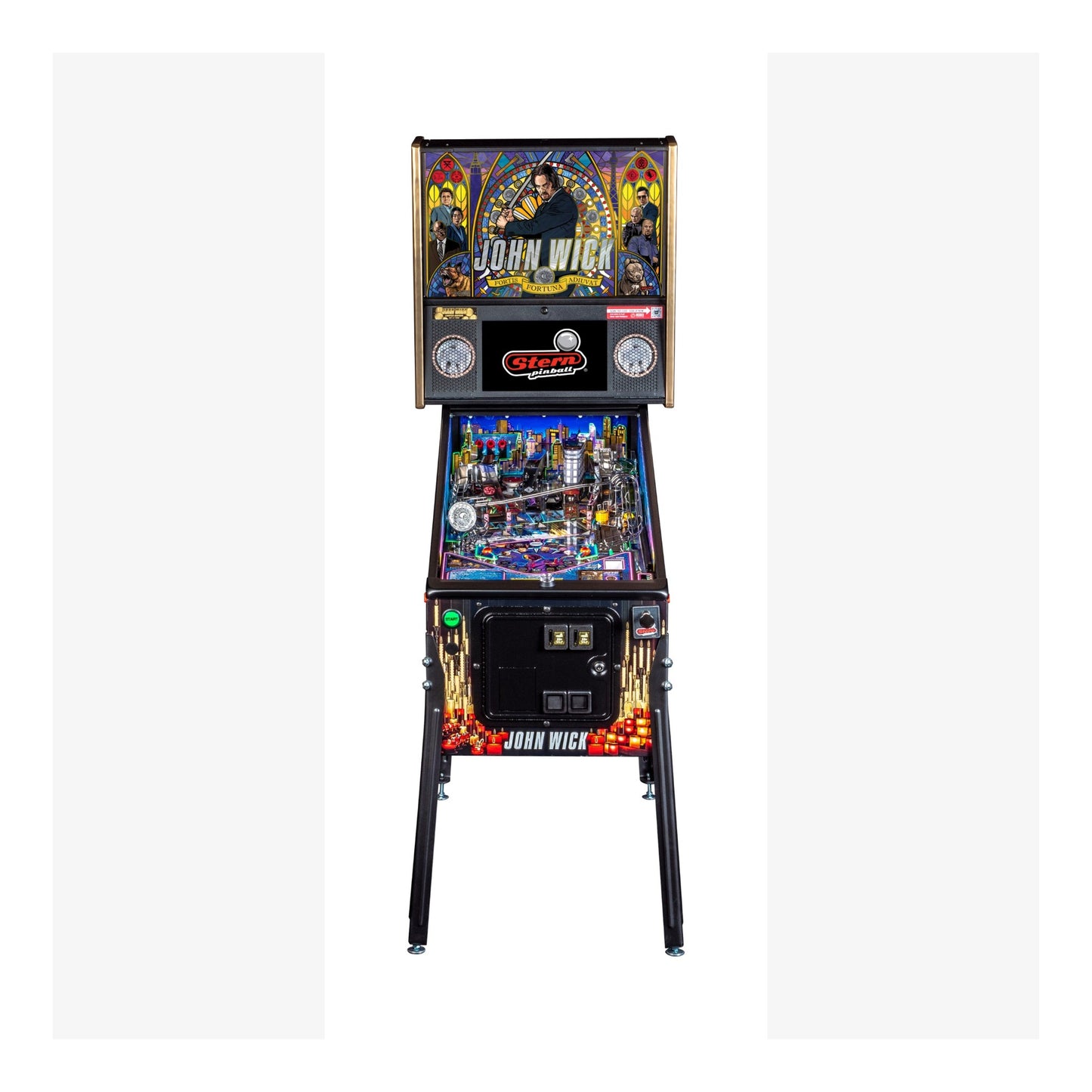 Pinball machine with colorful design on a white background